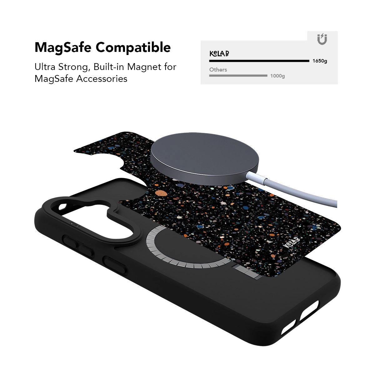 Black Samsung Galaxy phone case with paint splatter pattern and MagSafe compatibility