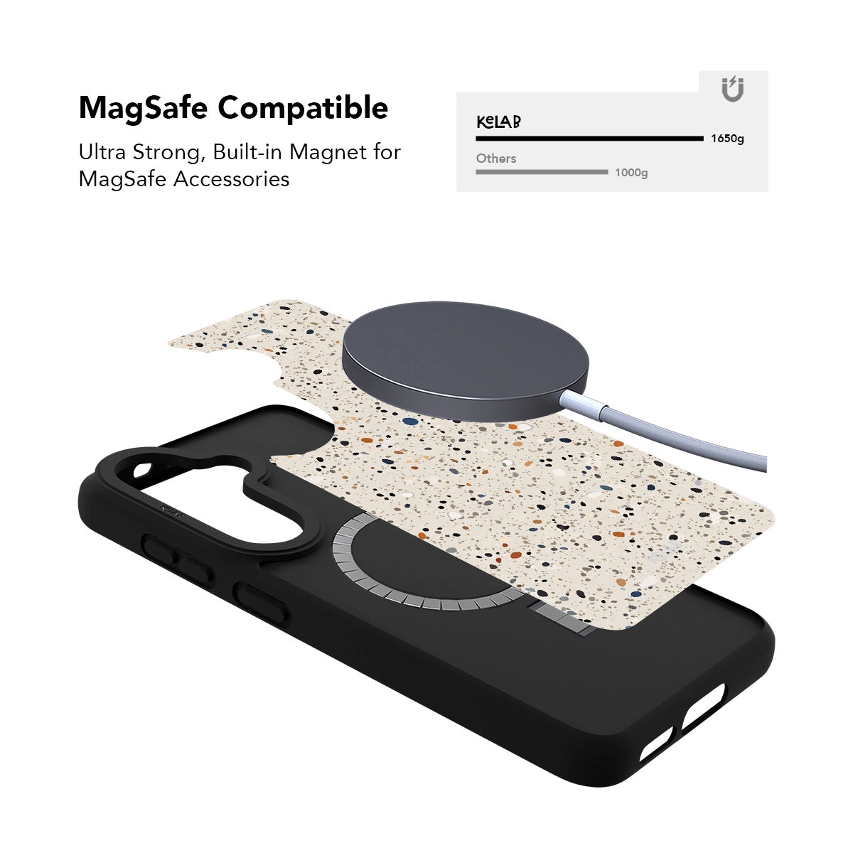 Samsung Galaxy phone case with light paint splatter pattern and MagSafe compatibility in black TPU material