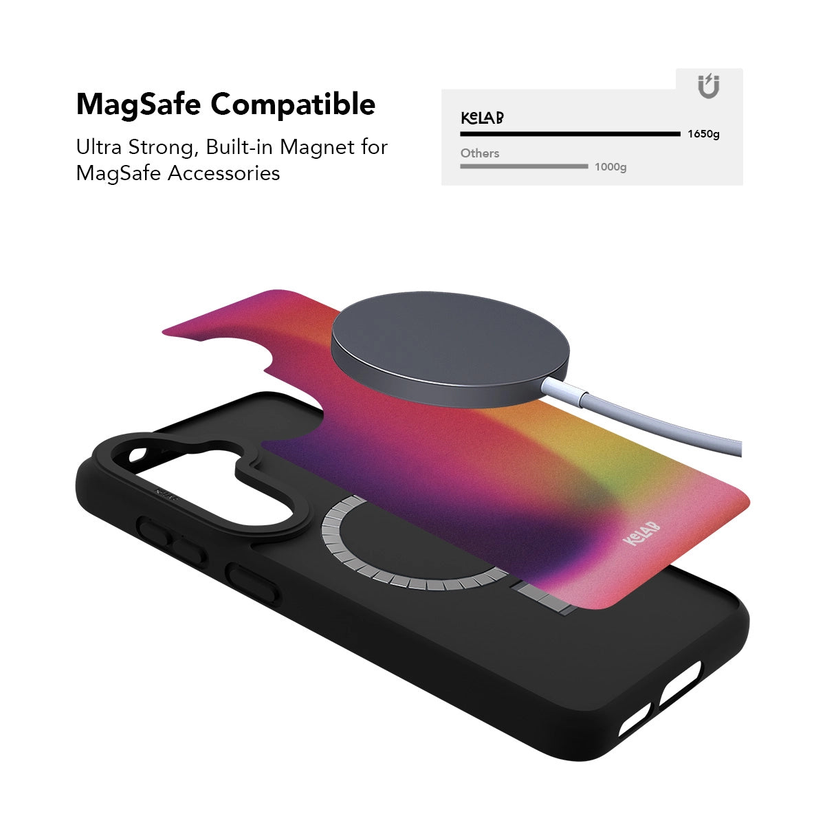 Minimalist Samsung Galaxy phone case in white with a moody, rich color gradient print — designed for MagSafe compatibility.