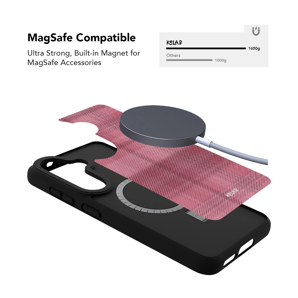 Minimalist Samsung Galaxy phone case in pink with flannel grid pattern and MagSafe compatibility