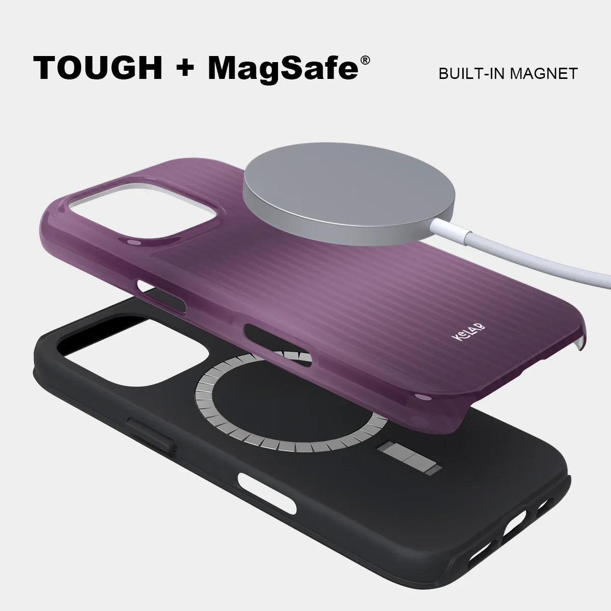Glossy iPhone case with gradient in plum, lilac, and aubergine tones, featuring subtle vertical texture.