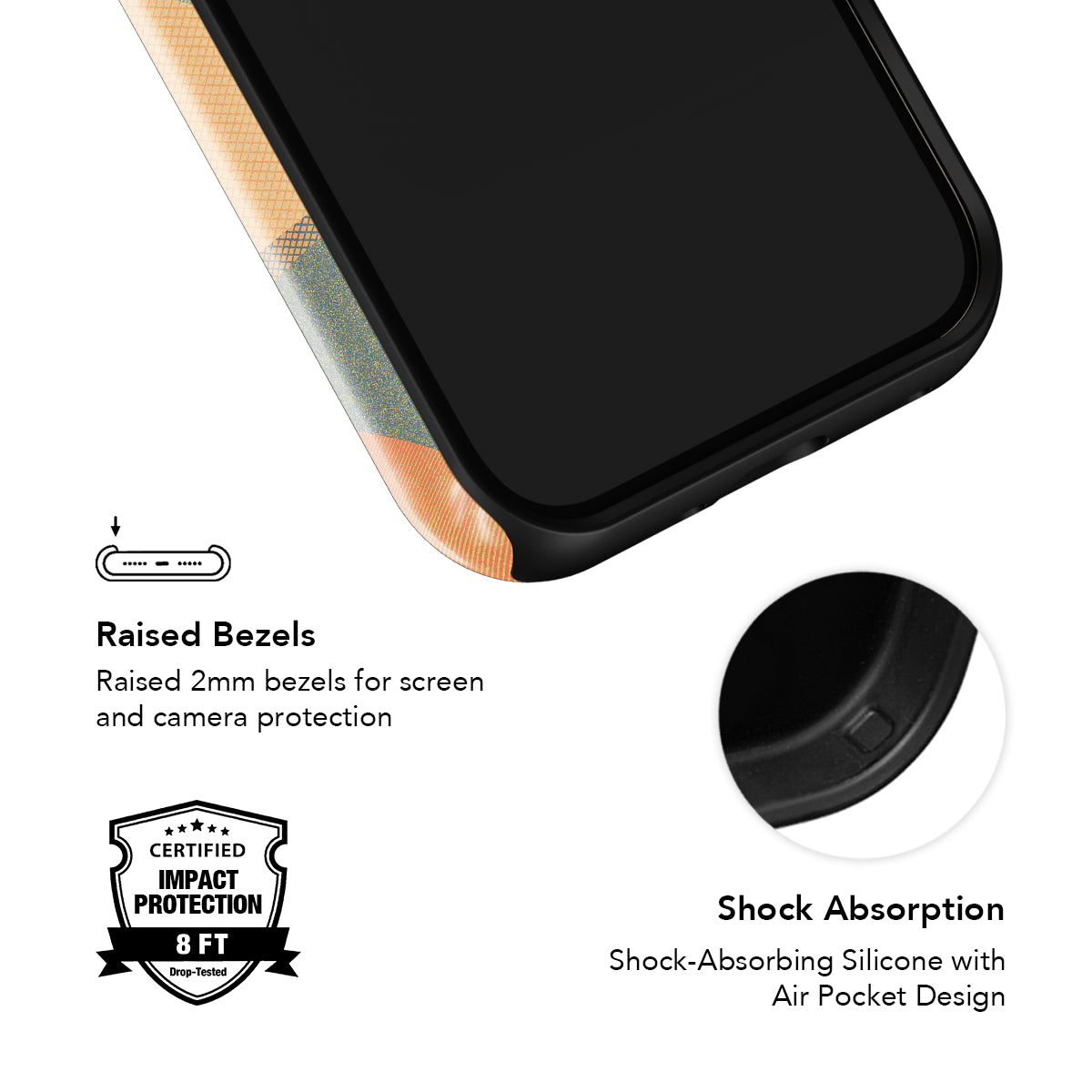 Close-up of Olive Arc Mood Modular Phone Case showing raised bezels and shock-absorbing silicone with air pocket design.