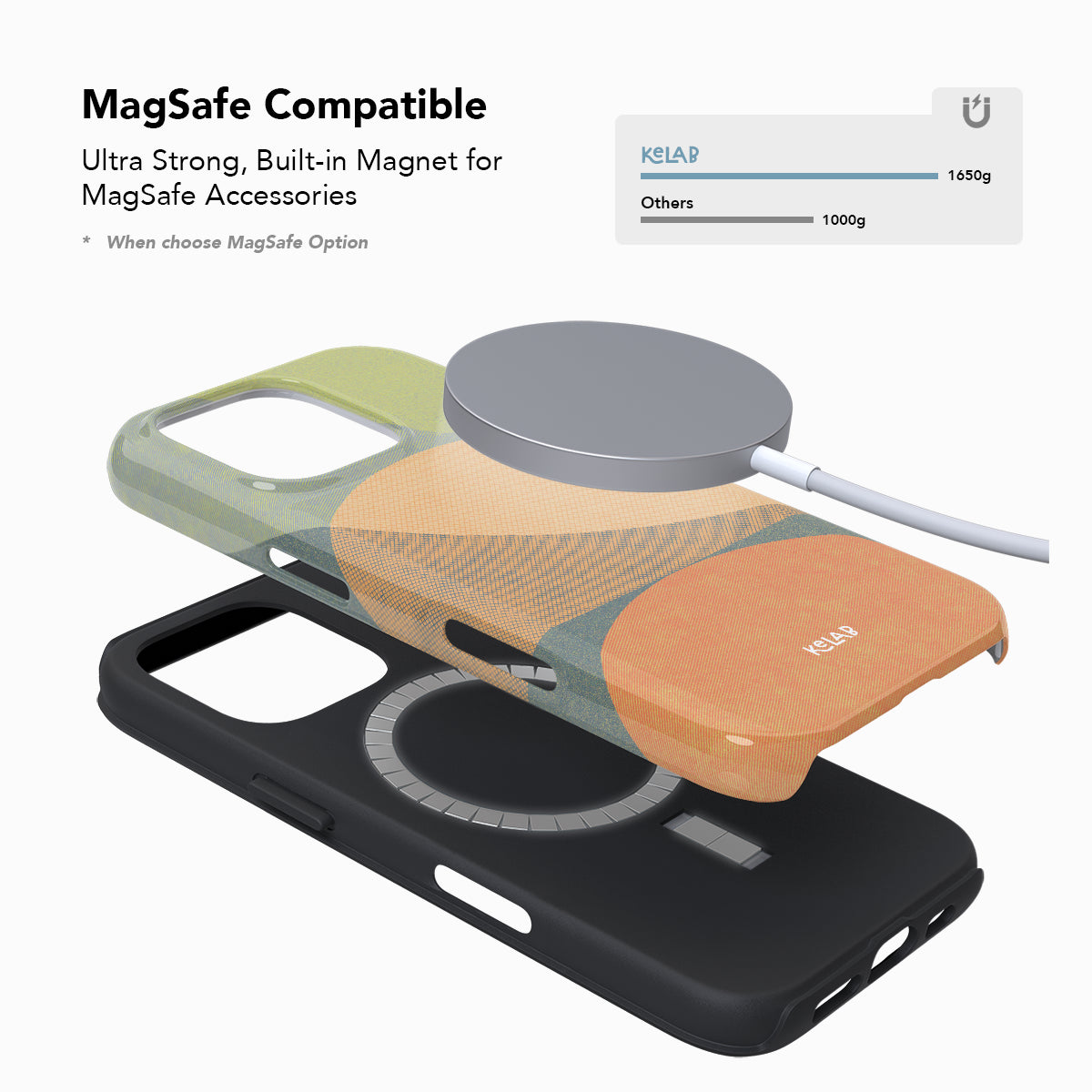 MagSafe compatible Olive Arc Mood Modular Phone Case with built-in magnet and layered oval design in warm earth tones.