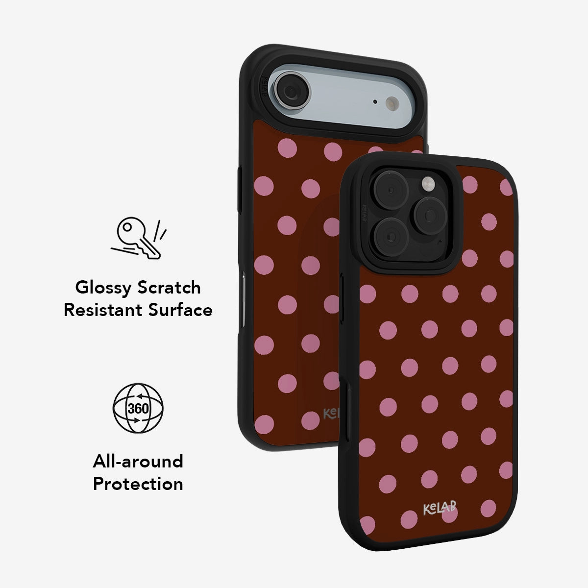 Brown polka dot phone case with glossy finish; scratch-resistant and offers all-around protection.
