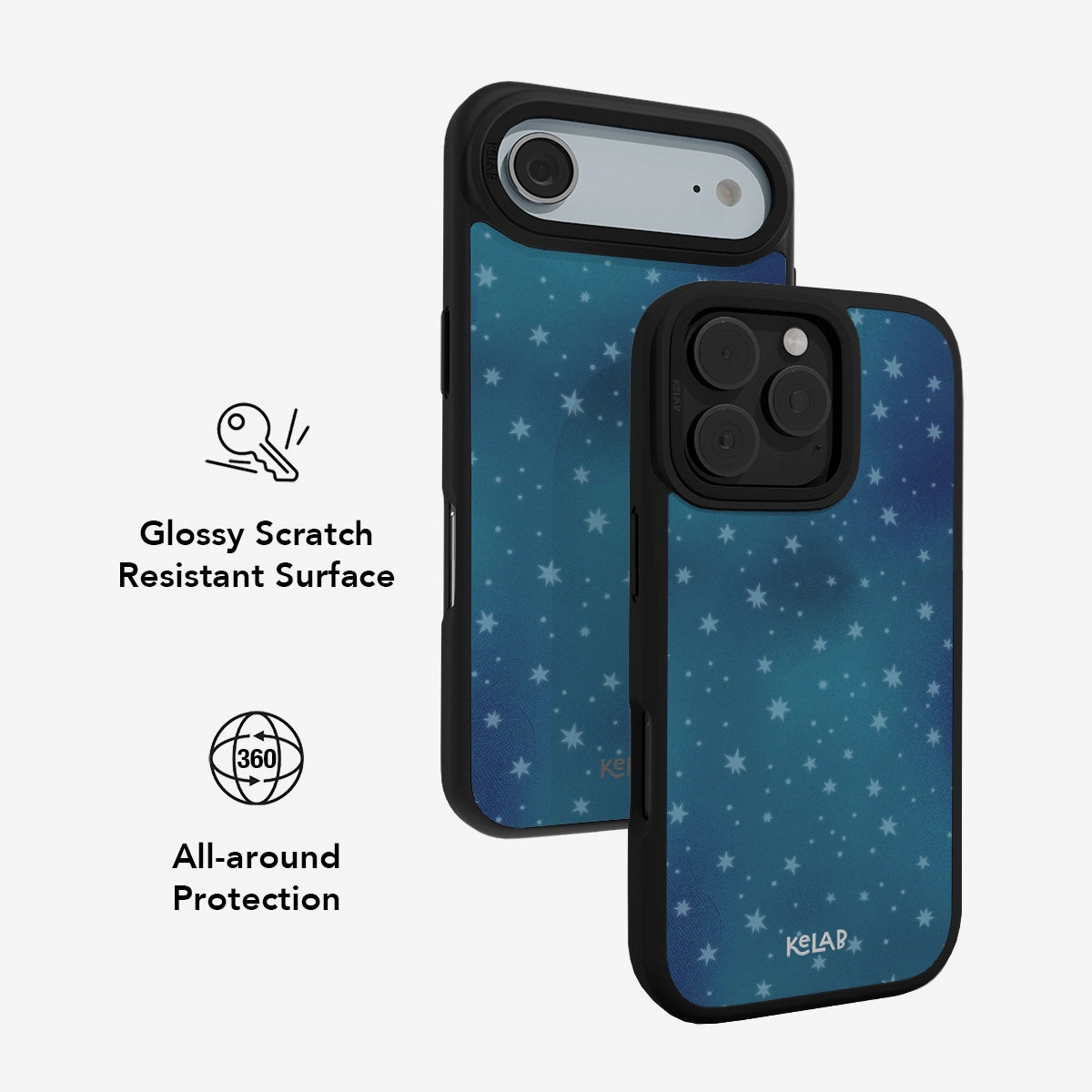 Blue starry design iPhone case with glossy scratch-resistant surface and 360-degree protection.