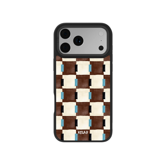 Brown and cream patterned phone case with blue accents, designed for durability and style.