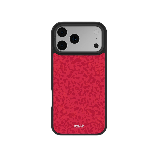Red abstract camo pattern iPhone case by KELAB with a bold textured design and black bumper for stylish protection.