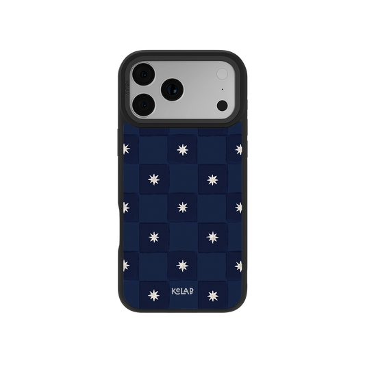 Navy Checkered iPhone Case with Celestial Design featuring white vintage stars on a deep indigo grid, perfect for dark academia and nautical styles.
