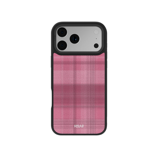 Pink plaid phone case with black border for iPhone 11, stylish and protective design.