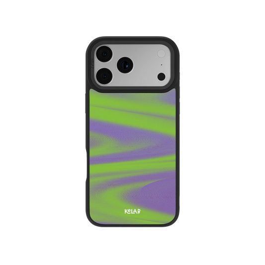 Colorful green and purple phone case for iPhone, durable material with modern wavy design.