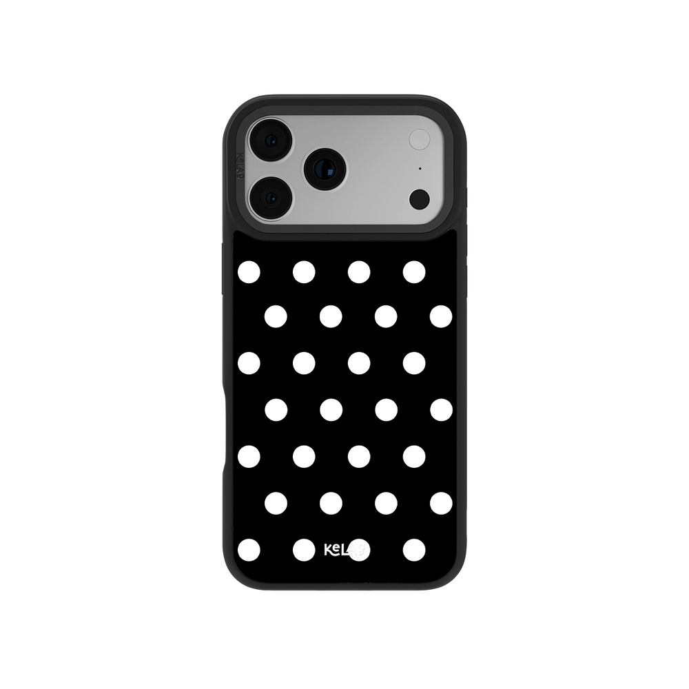 Black polka dot phone case for iPhone, sleek design, durable material, stylish protection.