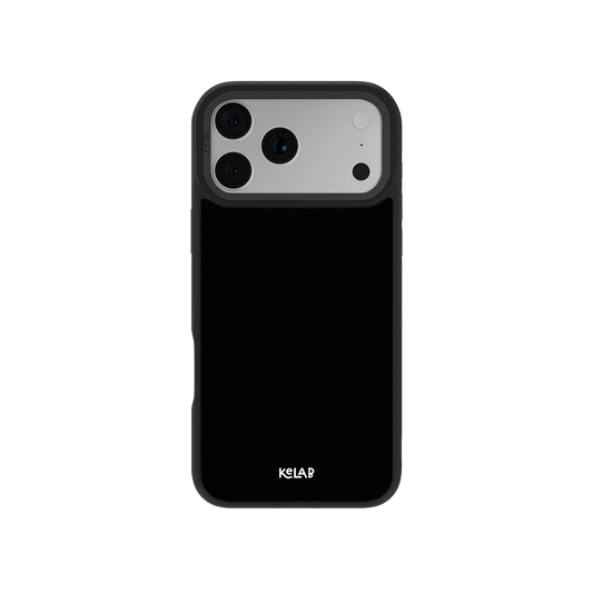Black phone case for iPhone with KELAB logo, slim design, durable material, and precise camera cutouts.