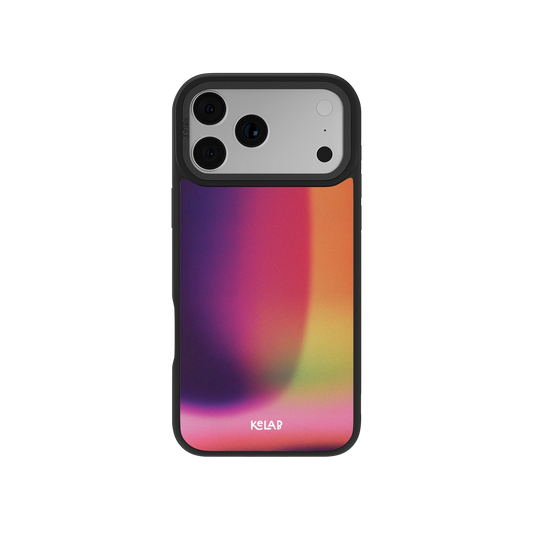 Colorful gradient phone case for iPhone, durable black frame, stylish design by KELAB.