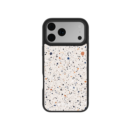Stylish iPhone case in speckled design, features durable material and black edge protection.