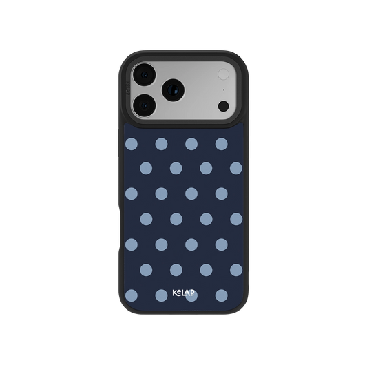 Navy blue polka dot phone case for iPhone, durable material with stylish design.