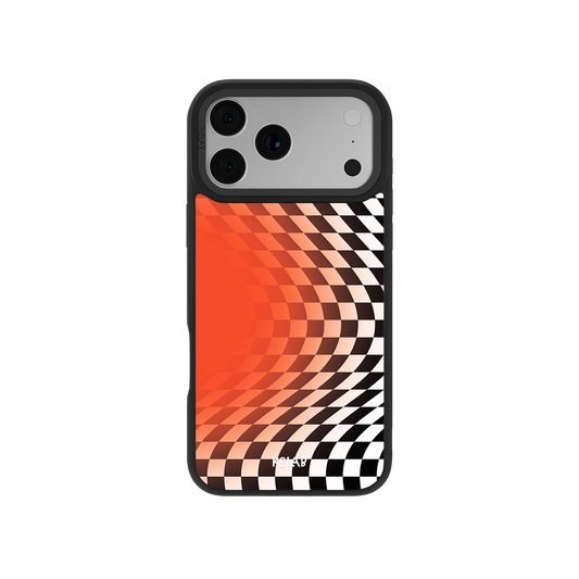Stylish black and orange checkered phone case for iPhone, featuring a modern ripple design.