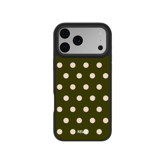 Olive green polka dot iPhone case made from durable material for stylish protection.