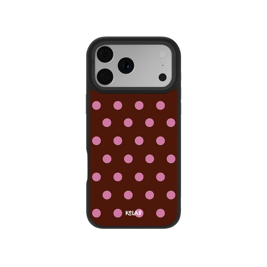 Brown polka dot phone case with pink spots, durable design for iPhone, ideal for stylish protection.