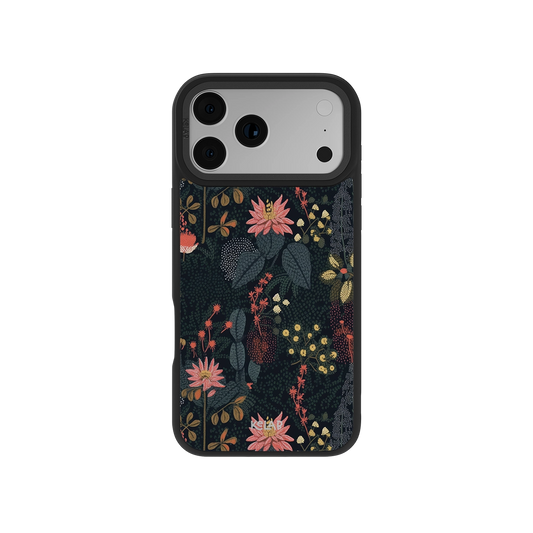 Starlit Botanica Dark Academia floral phone case by KELAB features a denim-inspired background with embroidered-style pink and red flowers. Designed for iPhone 11 to 17, this classic phone case blends vintage charm with modern protection.