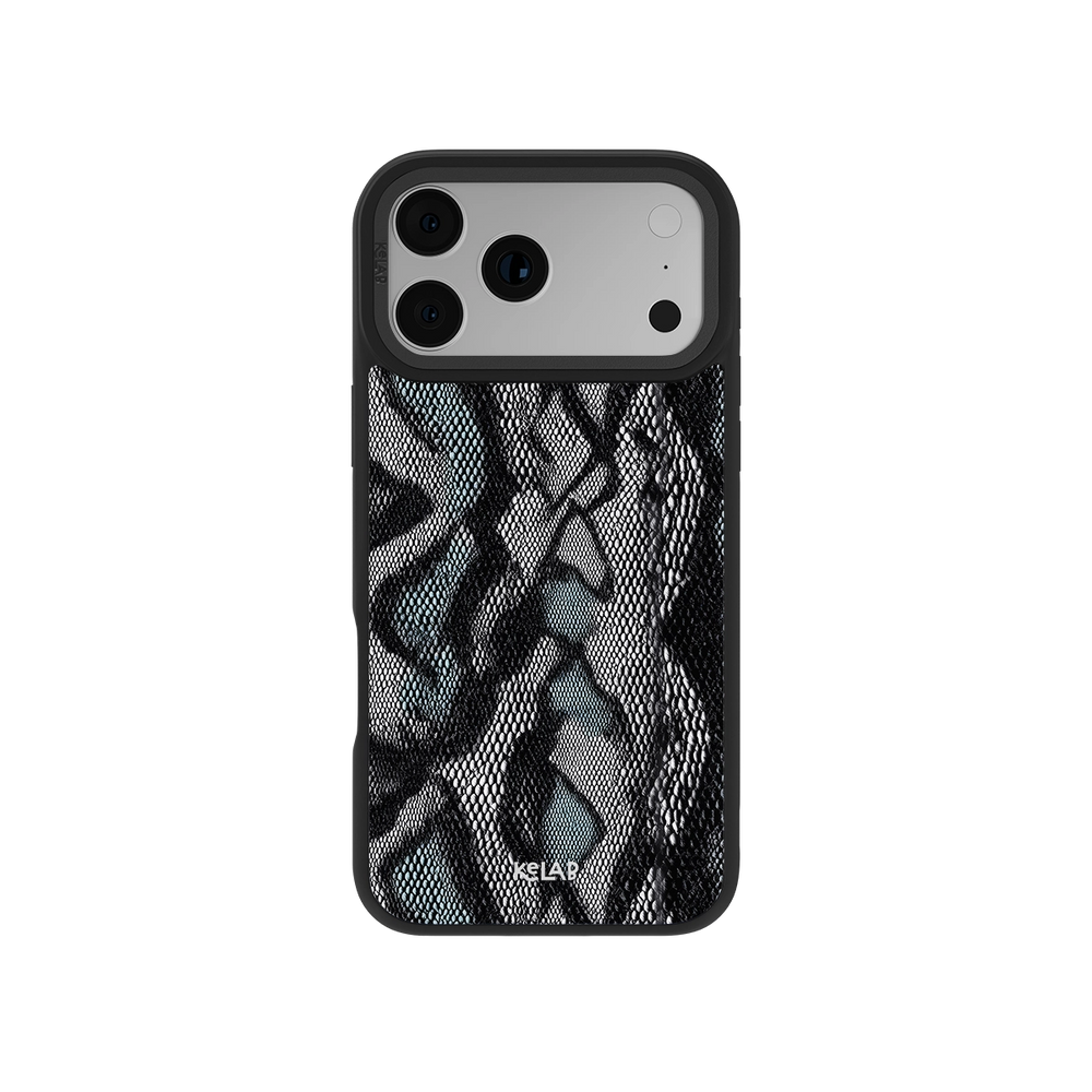 Teal snakeskin phone case with realistic reptile scale texture in charcoal and black tones. Luxury design for stylish smartphone protection.