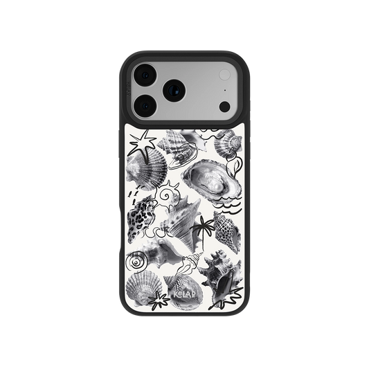 Seashell Sketch Phone Case | Black and White design featuring oysters, conch shells, and starfish in a coastal, nautical theme for iPhone models.