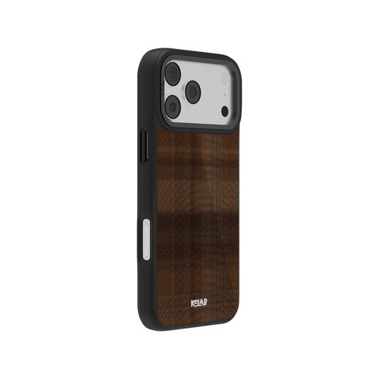 Brown plaid iPhone case with a black frame, durable material, stylish design for protection and aesthetics