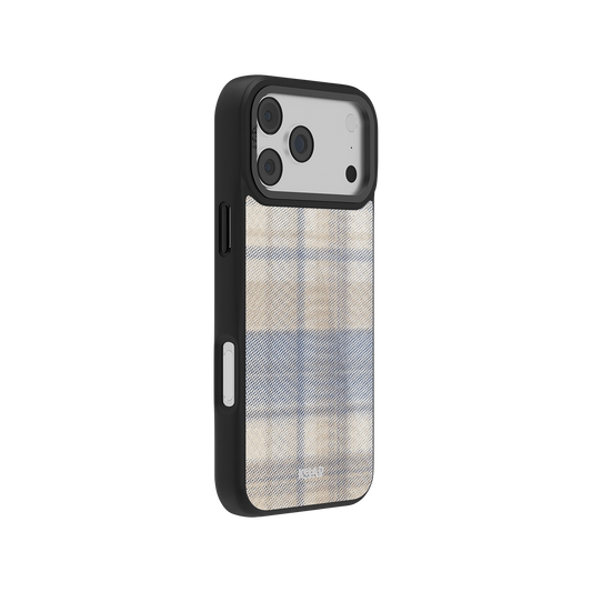 Minimalist Oatmilk iPhone Case in muted tartan pattern, offering a sleek side profile with precise cutouts and subtle texture.