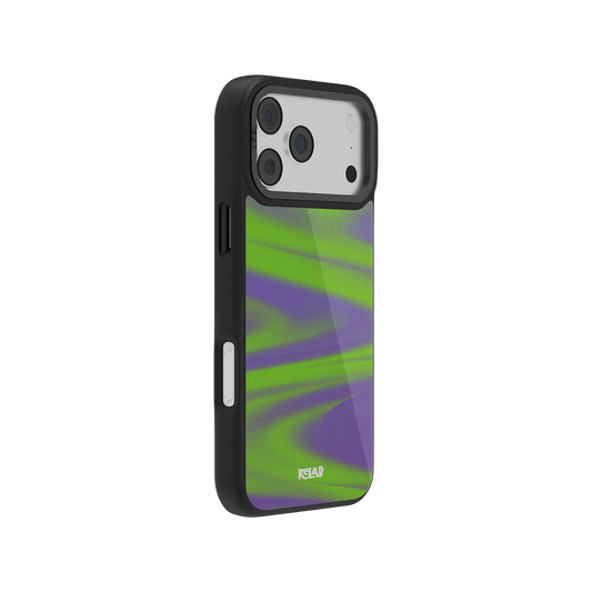 Black phone case with green and purple abstract design, perfect for protection and style.