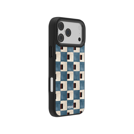 Stylish blue and beige patterned phone case with durable black edges, designed for protection and style.