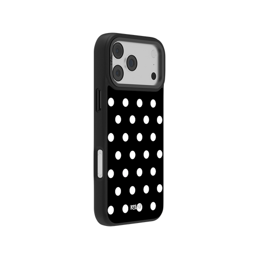 Black polka dot phone case for iPhone, durable material with slim profile and precise cutouts.
