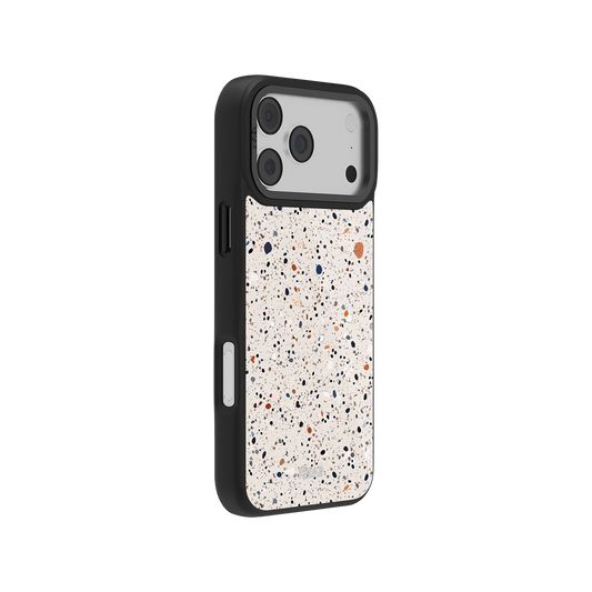 Speckled phone case with a black border, durable material, stylish design for modern smartphones.