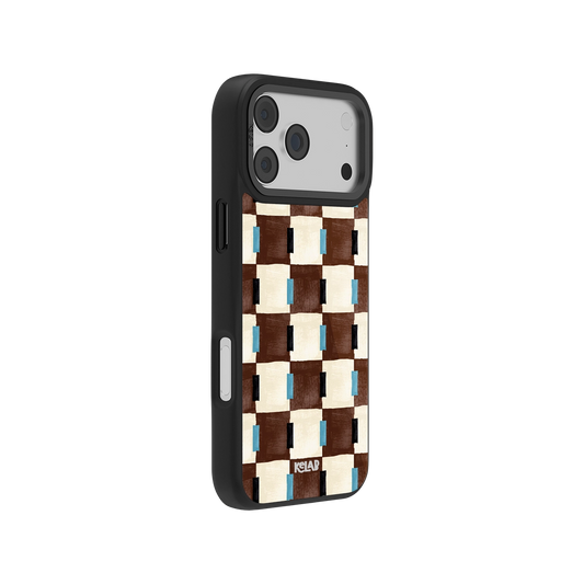 Stylish woven design iPhone case in brown, cream, and blue. Durable material with secure fit.