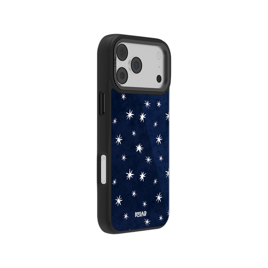 Navy star-patterned iPhone case with durable material and sleek black edges for stylish protection.