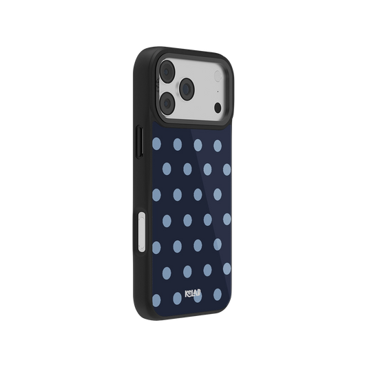 Navy polka dot iPhone case with durable black edges, offering stylish protection for your device.