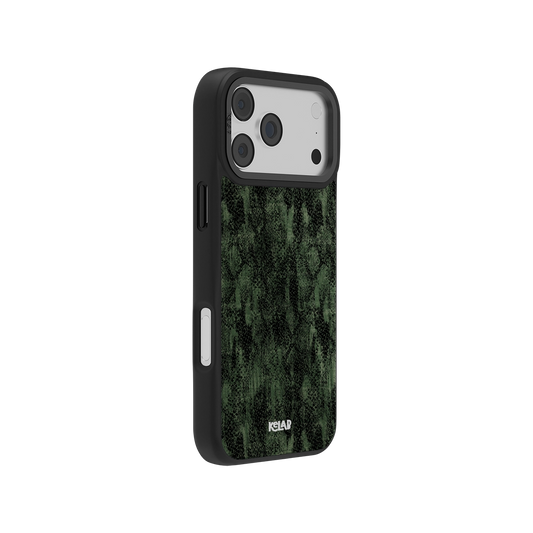 Emerald Python textured olive snakeskin phone case by KELAB with a rugged green pattern, designed for iPhone 11 to 17 models.