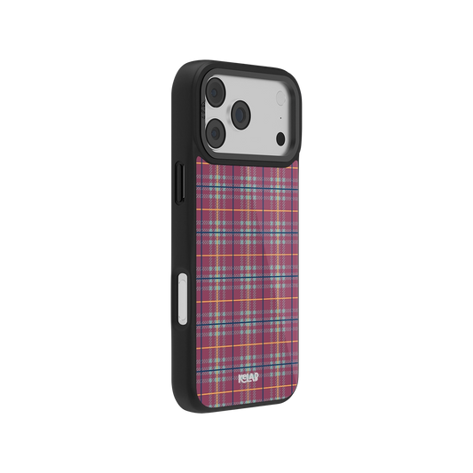 Mullberry Hue mauve and teal plaid phone case by KELAB with denim-inspired pattern. Classic protective case fits iPhone 11 to 17 models.