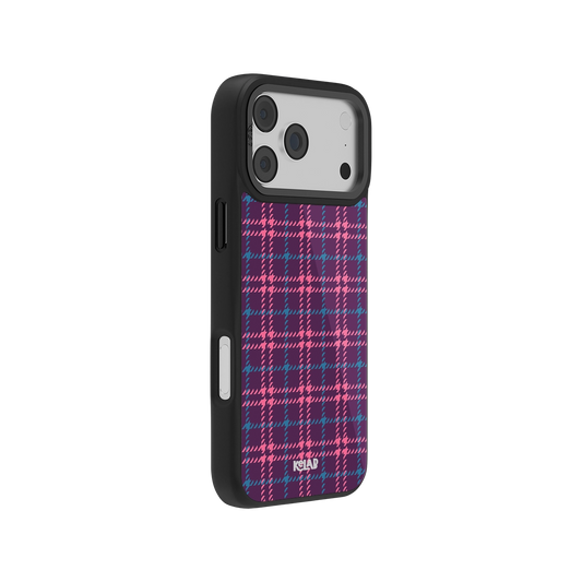 Purple Plaid Phone Case with pink and teal tartan design, featuring a stylish Orchid Tweed pattern for iPhone models. Durable and fashionable mobile accessory.