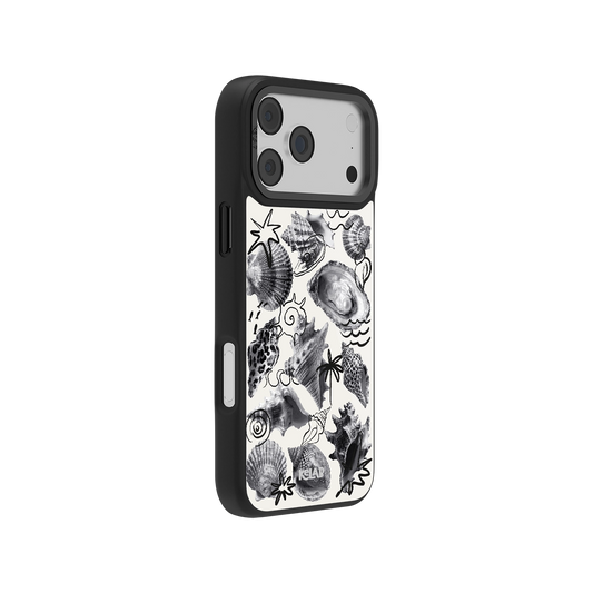 Seashell Sketch Phone Case in black and white featuring detailed oyster, pearl, and coral illustrations for a coastal, nautical mobile accessory.