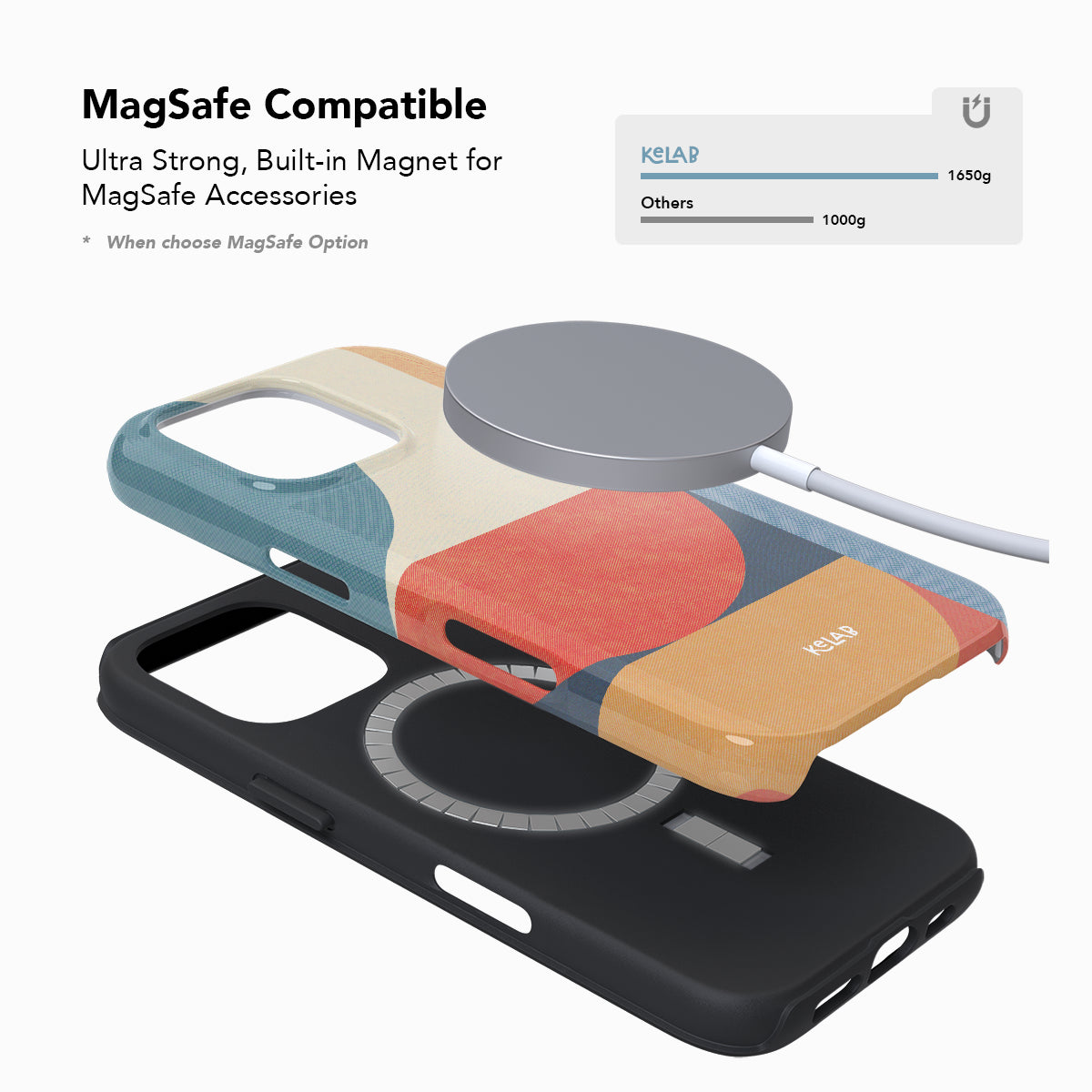 MagSafe compatible iPhone case with built-in magnet and bold Bauhaus color blocks. Designed for secure accessory attachment by KELAB.