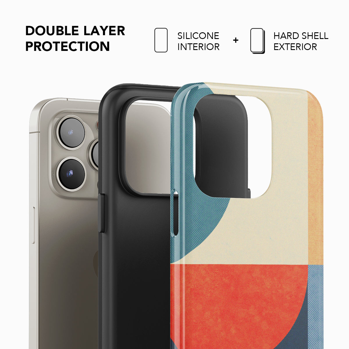 Double-layer Colorful Geometric iPhone Case with silicone interior and hard shell exterior. Bauhaus style for enhanced phone protection.