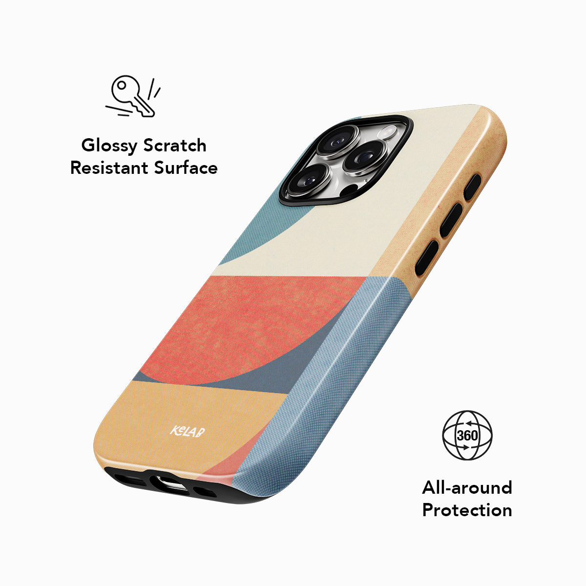 Glossy scratch-resistant iPhone case in Bauhaus design with full 360° protection. Features bold red, navy, and cream geometric blocks.