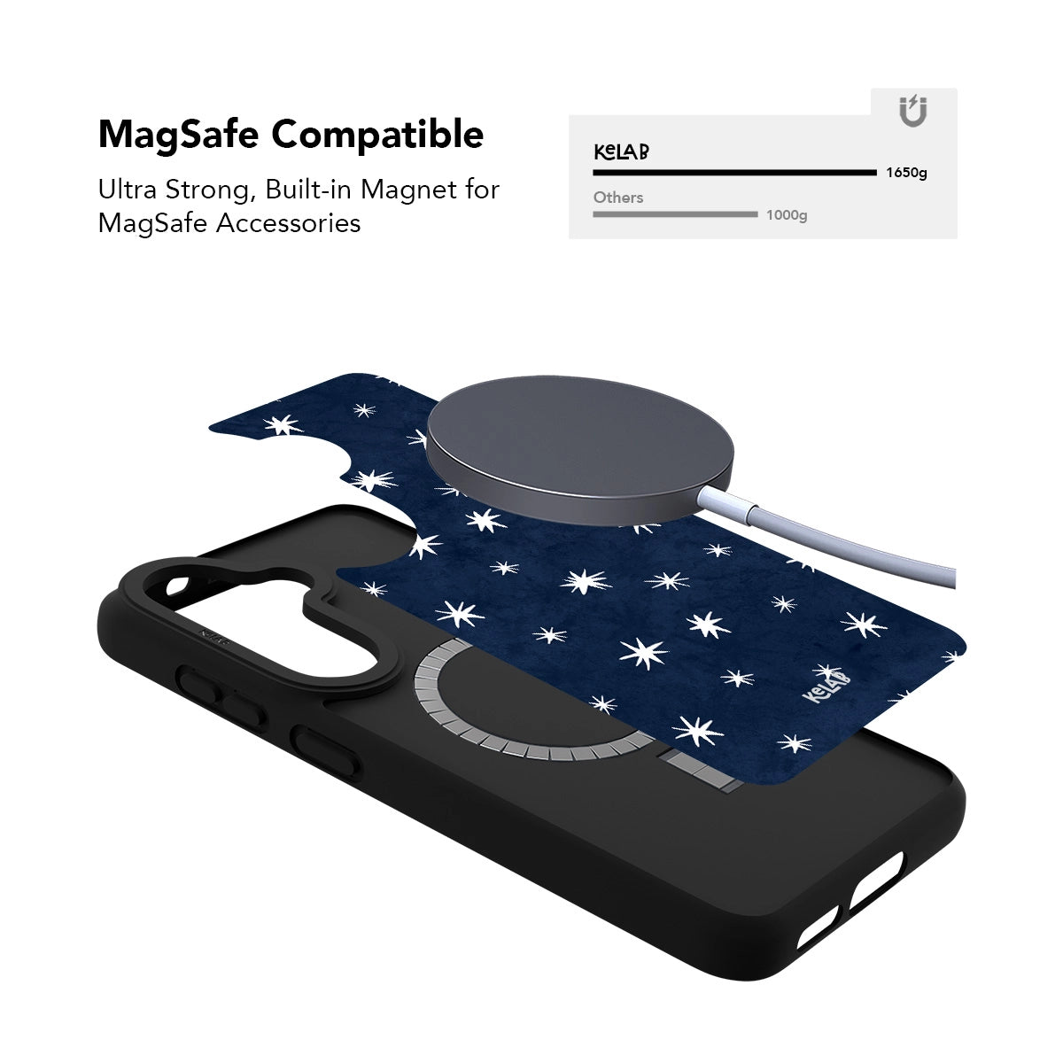 Samsung Galaxy phone case in navy with a minimalist polka dot pattern and MagSafe compatibility