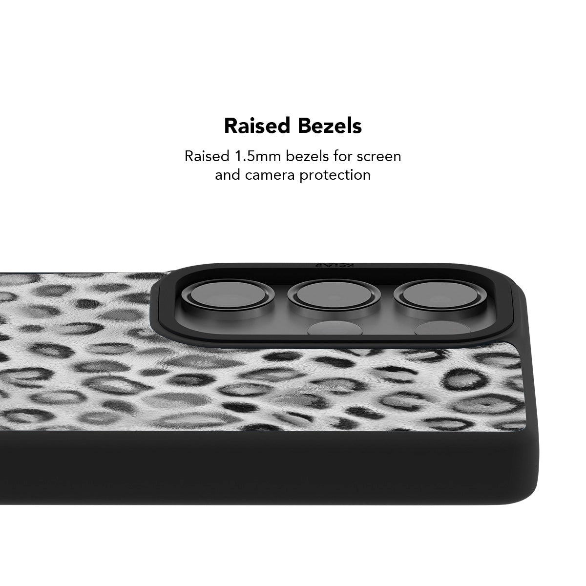 Samsung Galaxy phone case in black and white leopard print with raised bezels for screen protection