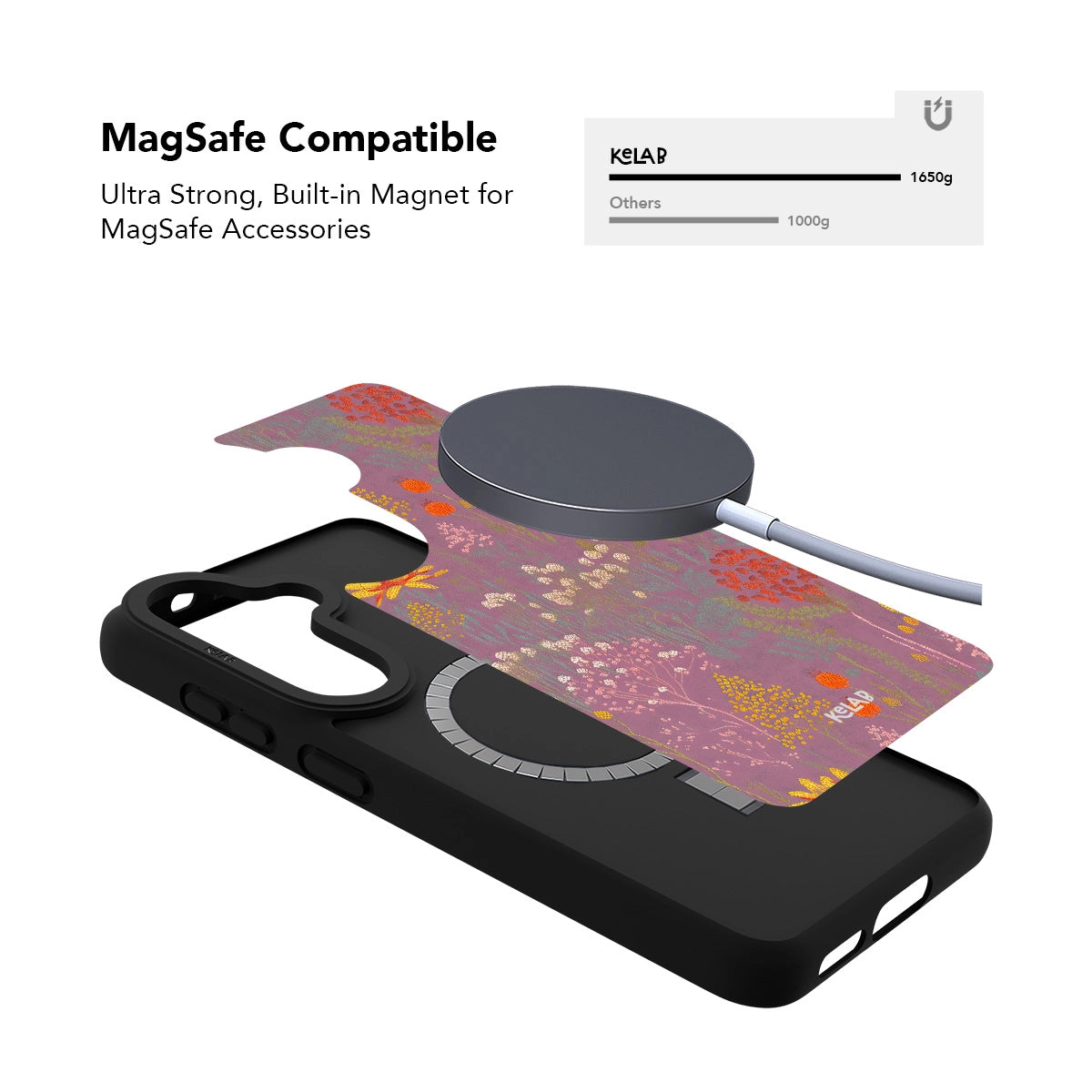 Samsung Galaxy phone case in black with floral design and MagSafe compatibility for secure attachment