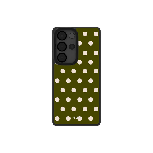 Samsung Galaxy phone case in navy with a classic polka dot pattern and modern TPU material