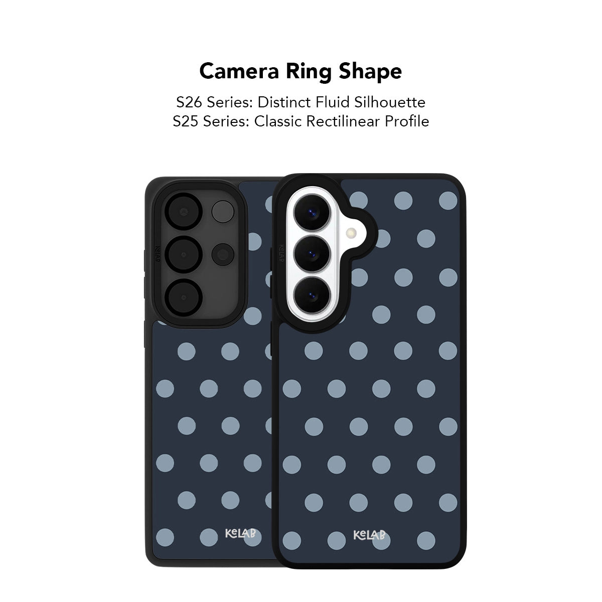 Navy Samsung Galaxy phone case with a classic polka dot pattern and distinct camera ring shape