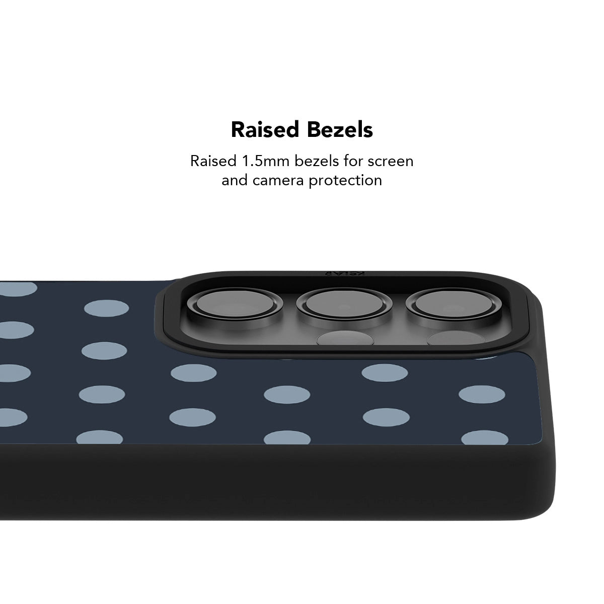 Navy polka dot Samsung Galaxy phone case with raised bezels for screen and camera protection