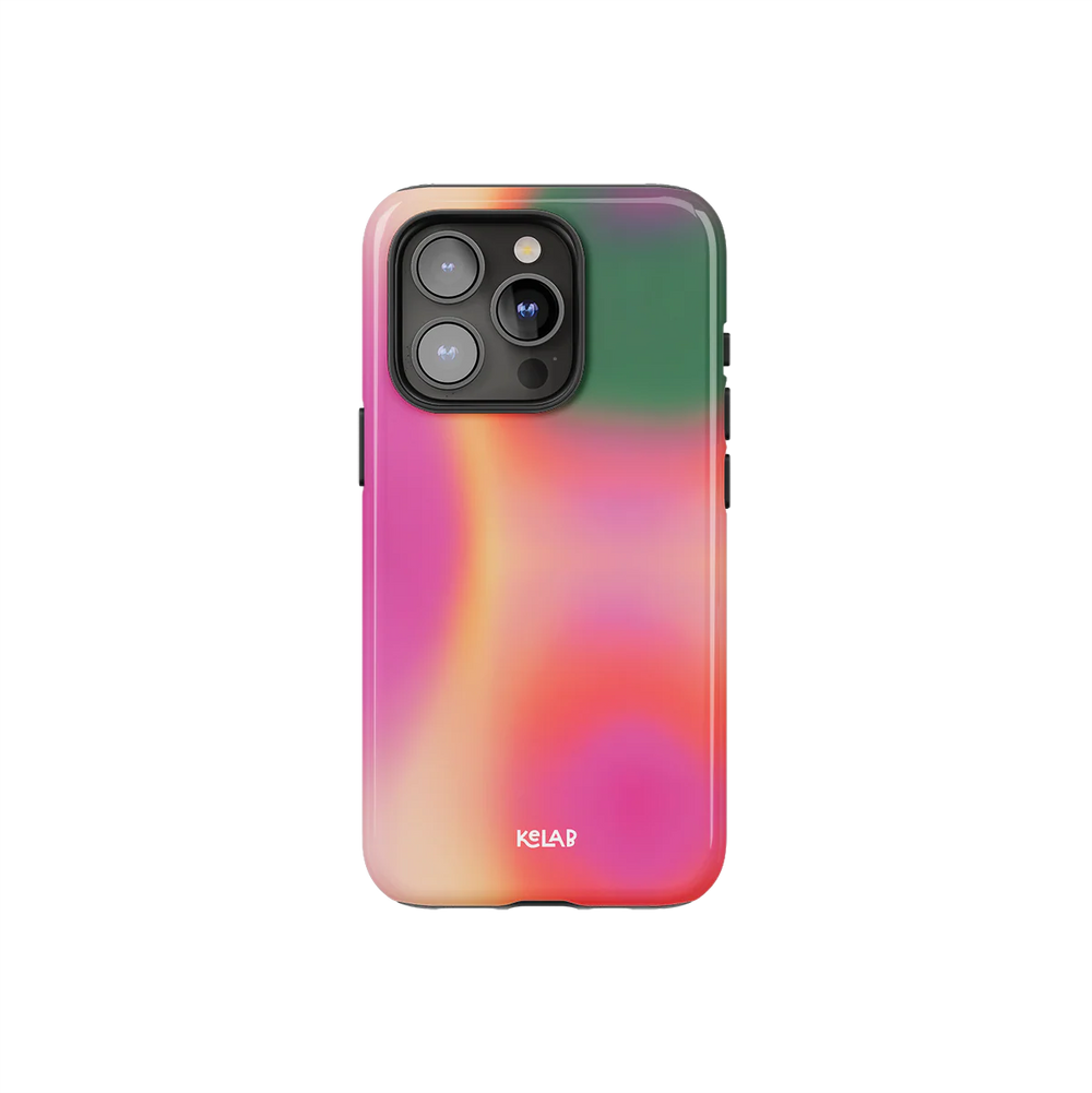 Aurora Pop - Colorful Gradient Phone Case by KELAB featuring a dreamy cheetah print with pink, green, and orange hues. Designed for bold, surreal style.