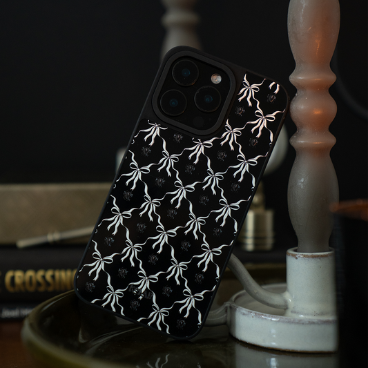 Curse couture | Black & White Gothic Bow Phone Case with Reflective Back