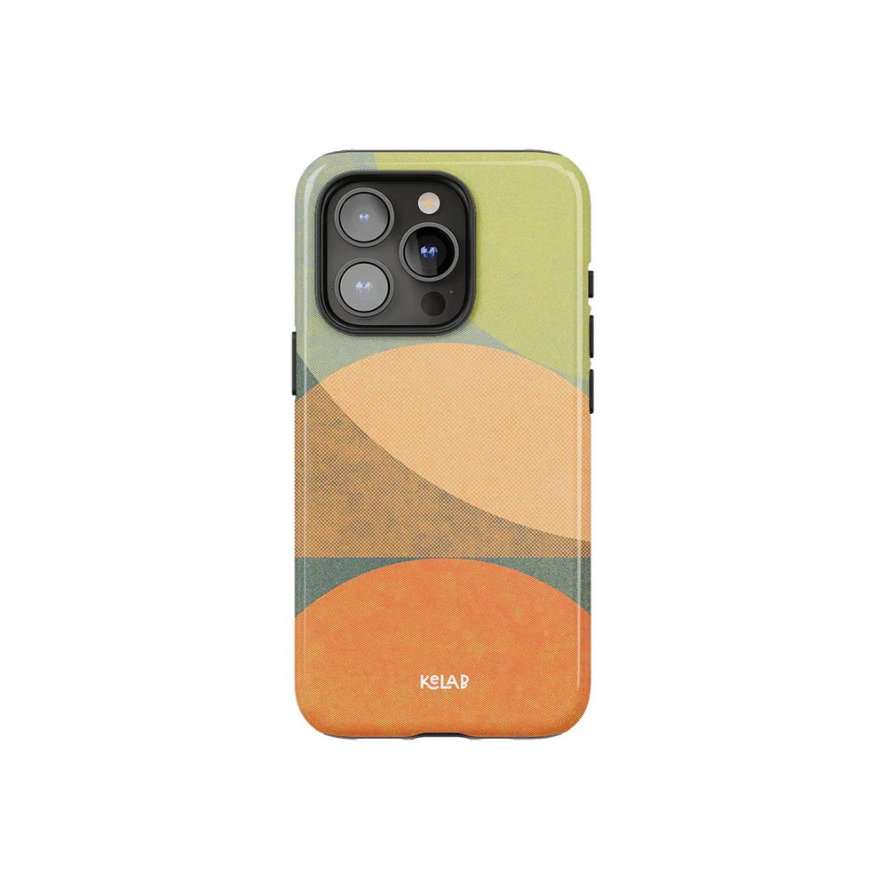 Olive Arc Mood Modular Phone Case with earth tone ovals in green, orange, and tan, designed for iPhone with camera cutout.